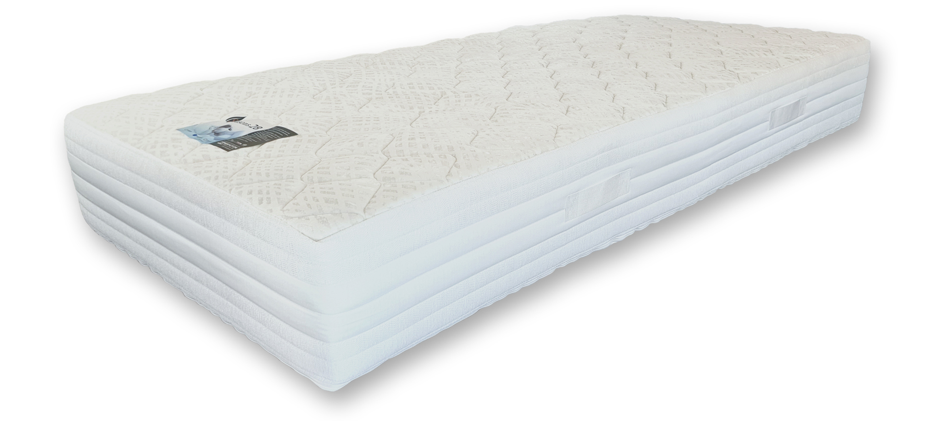 Totale foto van het Mahoton Seasons 28 matras met 100% natuurrubber kern en 7 ergonomische comfortzones.